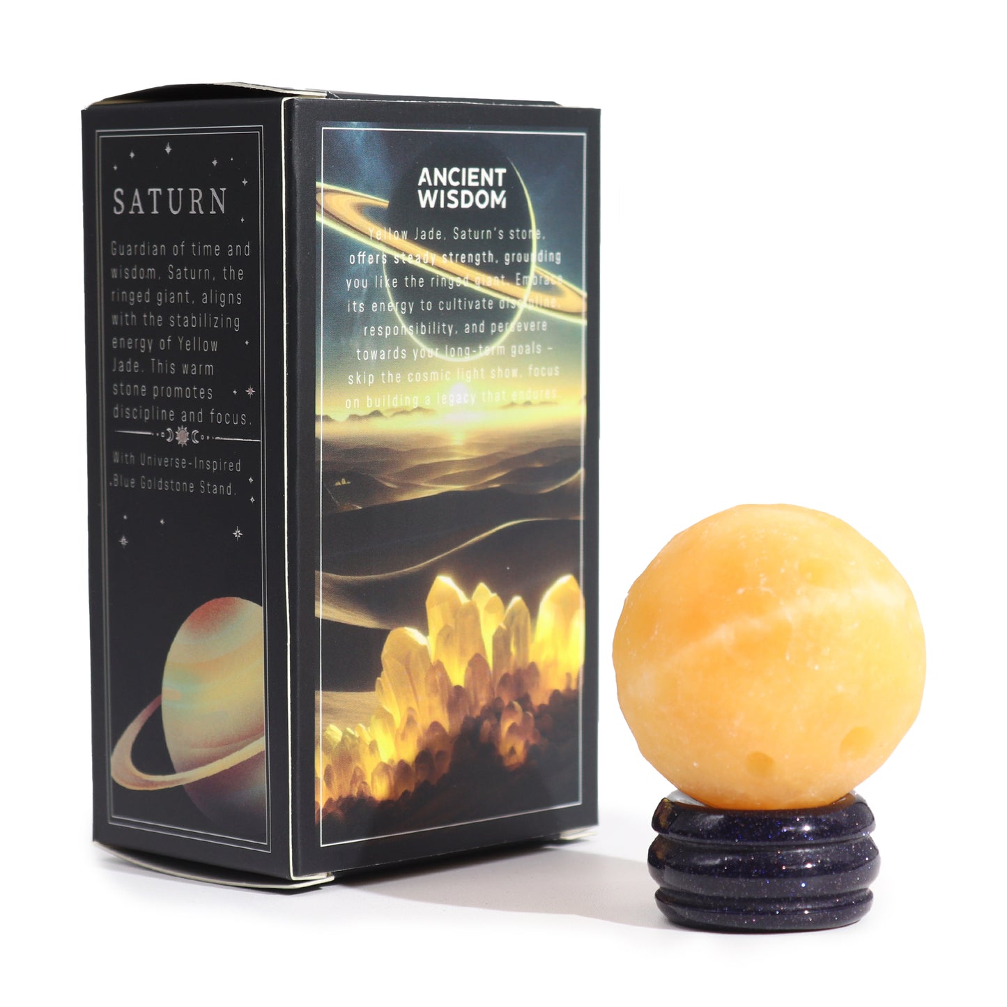 Yellow Jade Planet on a Solar Goldstone Stand (SATURN)