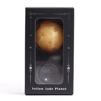 Yellow Jade Planet on a Solar Goldstone Stand (SATURN)