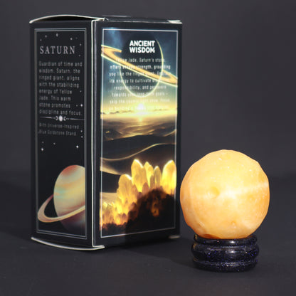 Yellow Jade Planet on a Solar Goldstone Stand (SATURN)