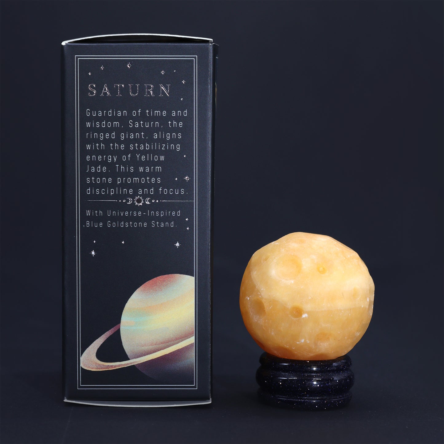 Yellow Jade Planet on a Solar Goldstone Stand (SATURN)