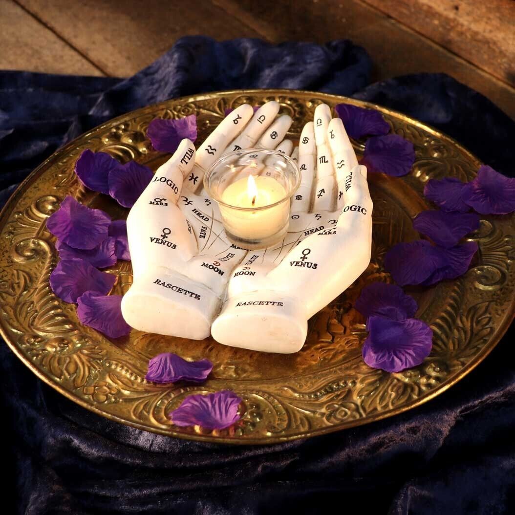 Palmist's Guide White Chiromancy Hands Candle Holder Nemesis Now Wiccan Fortune