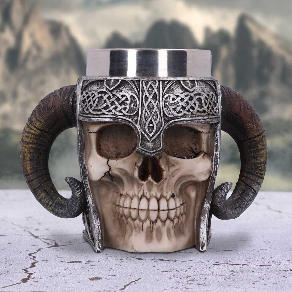 Viking Skull Tankard Mug Double Handle Ram Horn Nemesis Now Gothic Gift