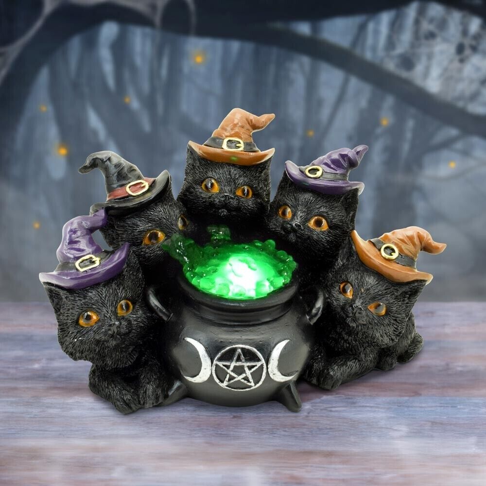 Nemesis Now Kindle's Potion Light Up Cats & Cauldron Figurine Witch Goth Gift