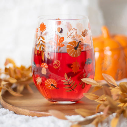 Autumn Leaves and Pumpkins Stemless Glass