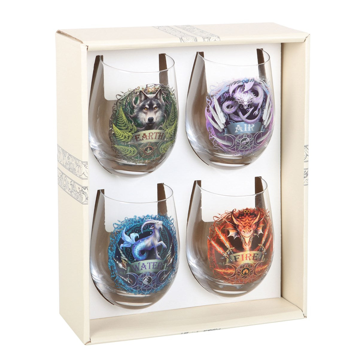 Elemental Stemless Wine Glasses by Anne Stokes