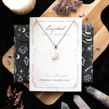 Rose Quartz Moon Necklace on Greeting Card