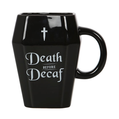 Death Before Decaf Black Coffin Mug