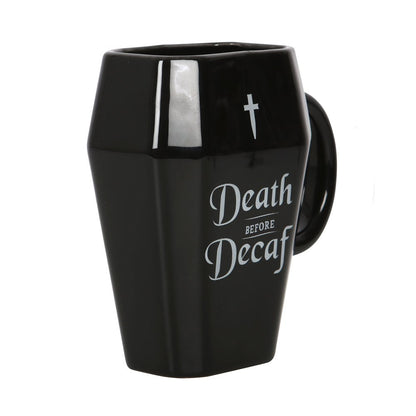 Death Before Decaf Black Coffin Mug