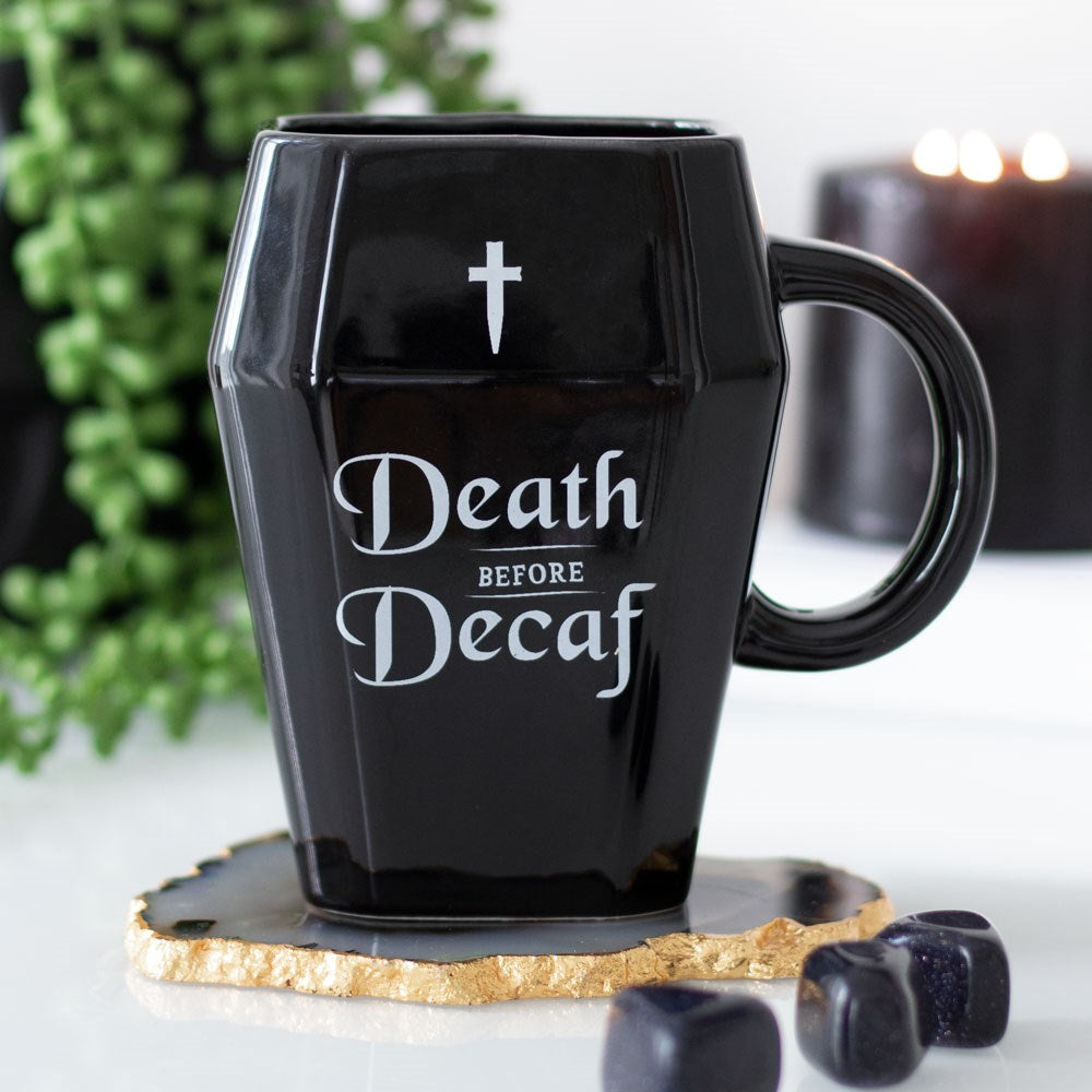 Death Before Decaf Black Coffin Mug