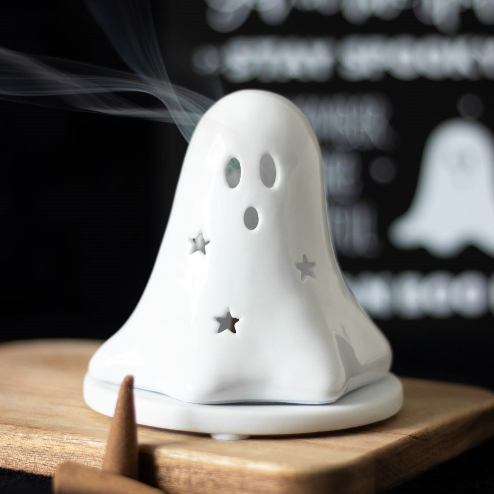 Ceramic Ghost Tealight and Incense Cone Holder