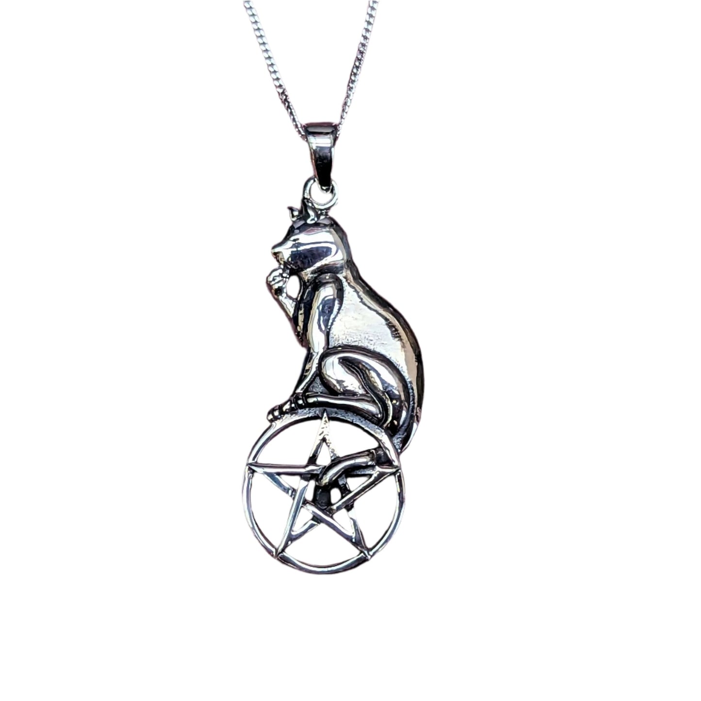 Cat and Pentagram Silver Pendant