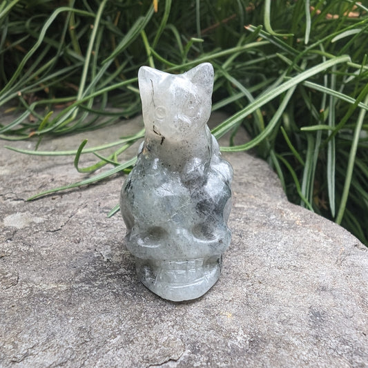 Tiny Cat on Skull Crystal Figurine