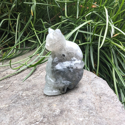 Tiny Cat on Skull Crystal Figurine