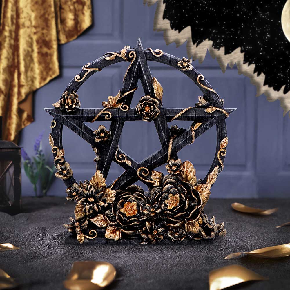 Black & Gold Floral Pentagram Figurine